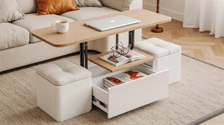 1000mm natural and white lift-top folding coffee table with 4 stools and hidden storage, perfect for small apartments or multifunctional living spaces.
