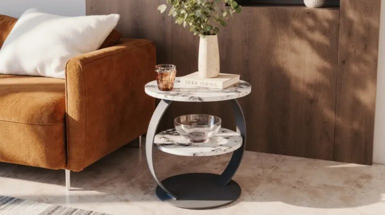20-inch round moon-shaped side table with two tiers, sintered stone marble-pattern top and soft gray metal base for modern living rooms or bedrooms.