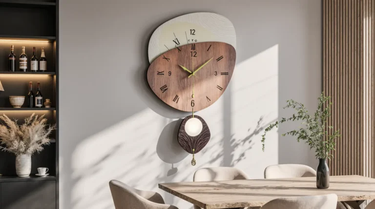 23.6-inch Abstract Geometric Silent Wall Clock with minimalist design, MDF and PVC construction, non-ticking mechanism, perfect for living rooms bedrooms, and modern home decor.