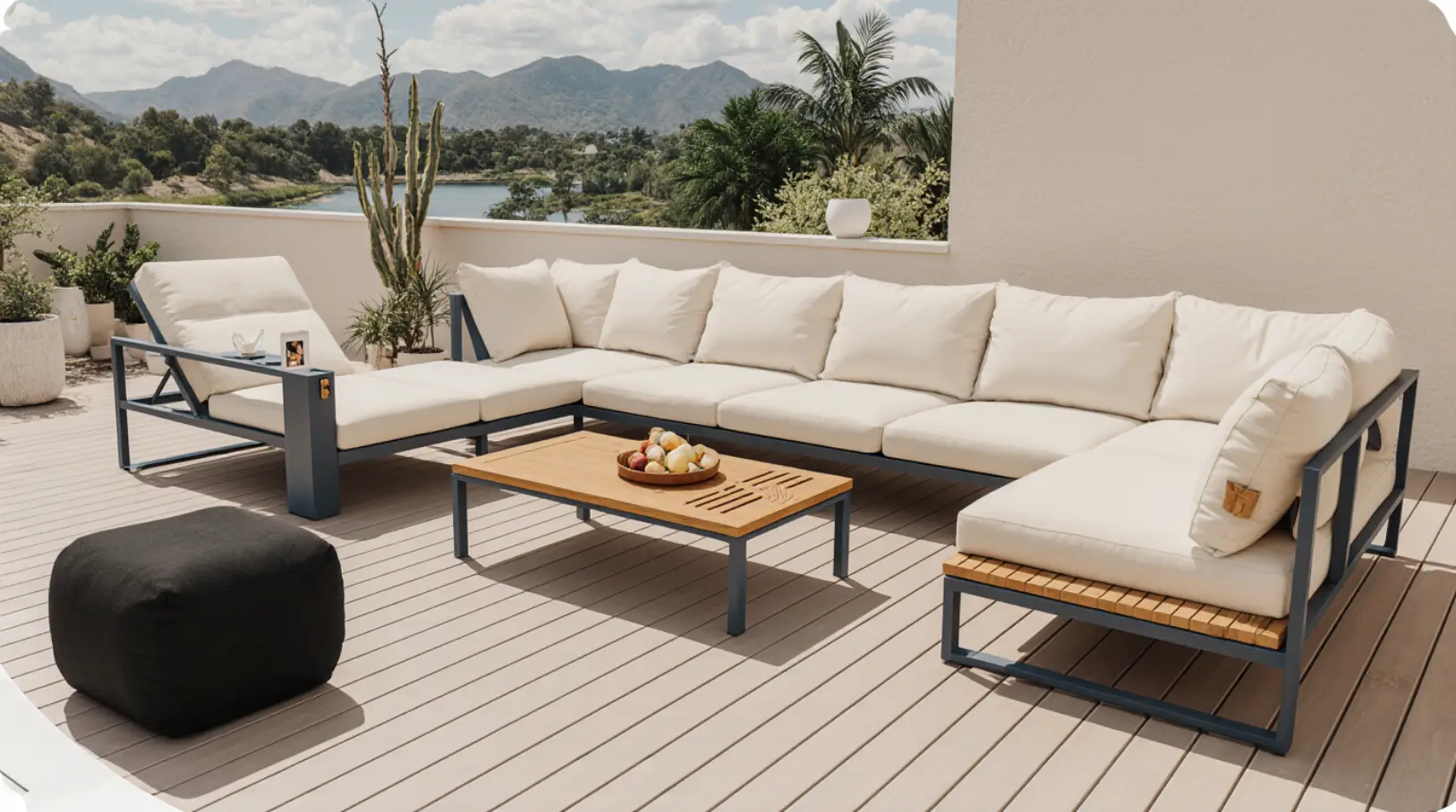 4-piece modular aluminum and teak outdoor sofa set in beige with weather-resistant covers, premium teak coffee table, and seating for six.