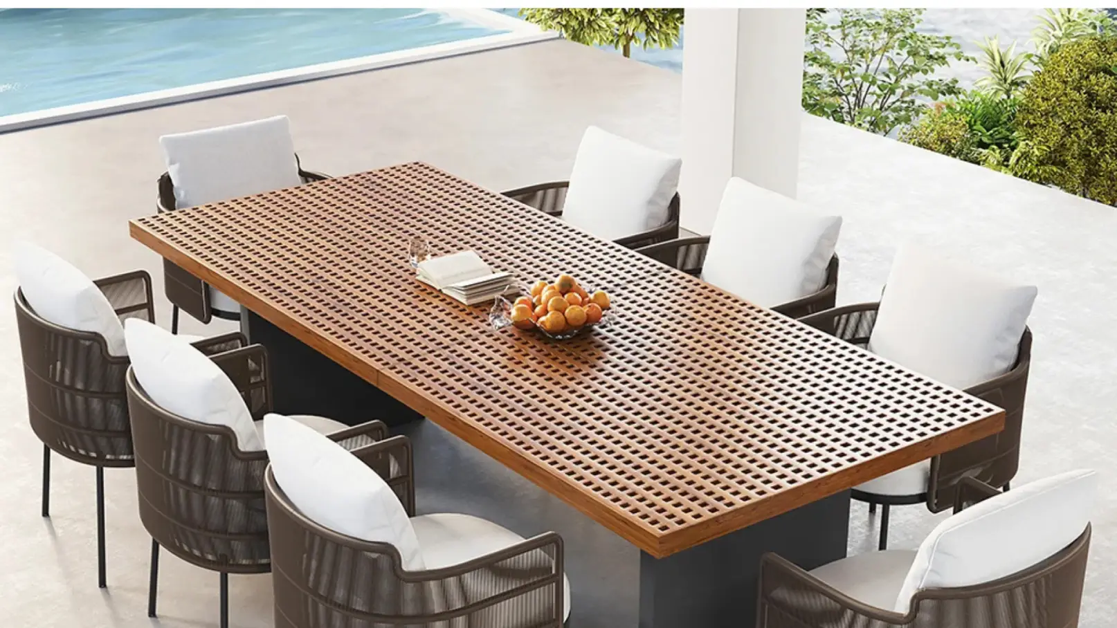 9-piece 94.5-inch outdoor teak dining set with 8 hand-woven rattan chairs and cushioned seating, perfect for patios, gardens, and backyards.