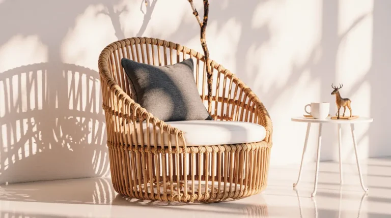 Austen rattan outdoor barrel sidechair in brown with cushion, nest-style design for patio or balcony.