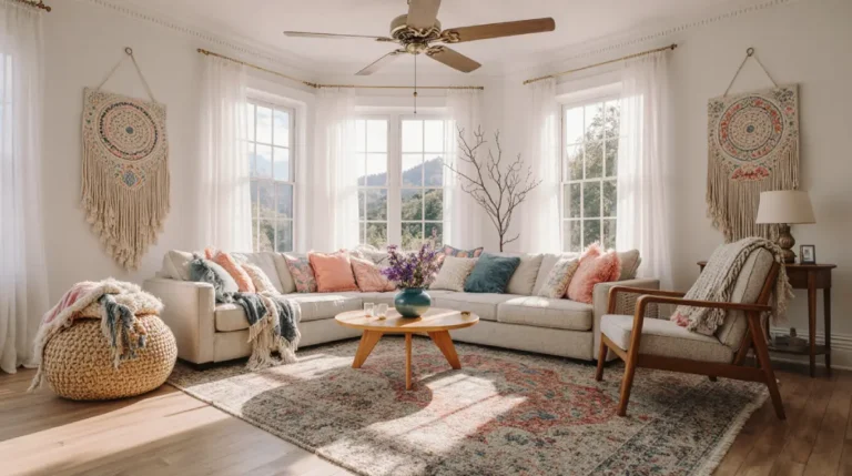 Eclectic living room featuring boho handmade living room decor accents in vibrant colors and layered textures.