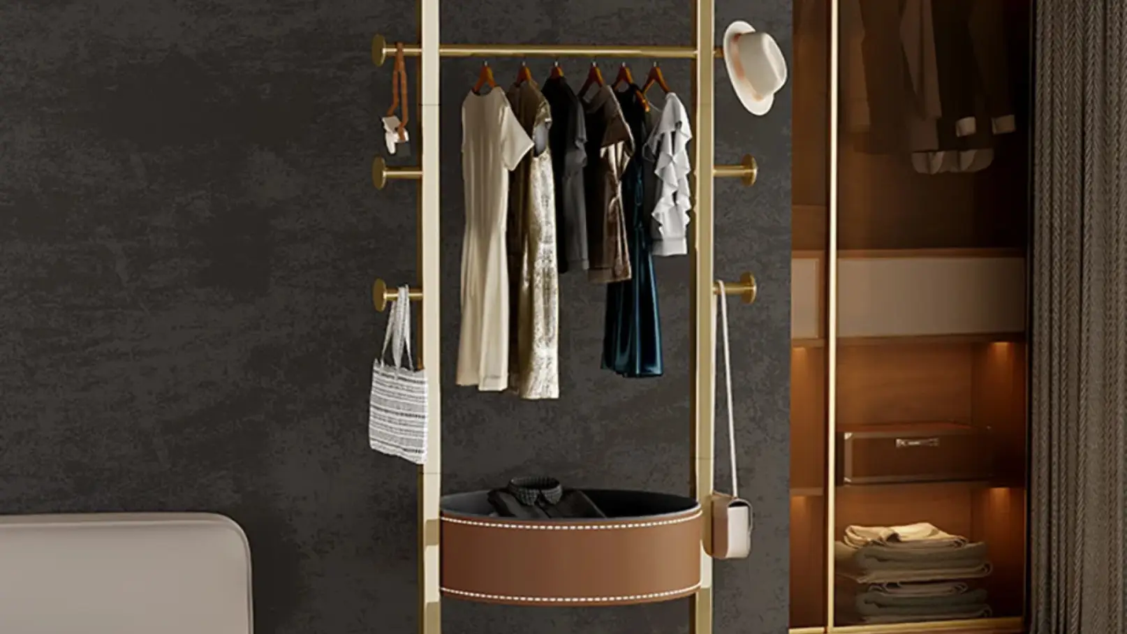 Saddle leather coat rack stand with 2 trays, 6 hooks, and stainless steel frame for organized entryways and hallways.