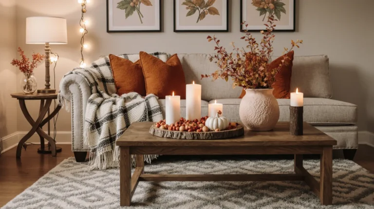 Autumn living room decoration ideas cozy vibe featuring pillows, blankets, and seasonal accents