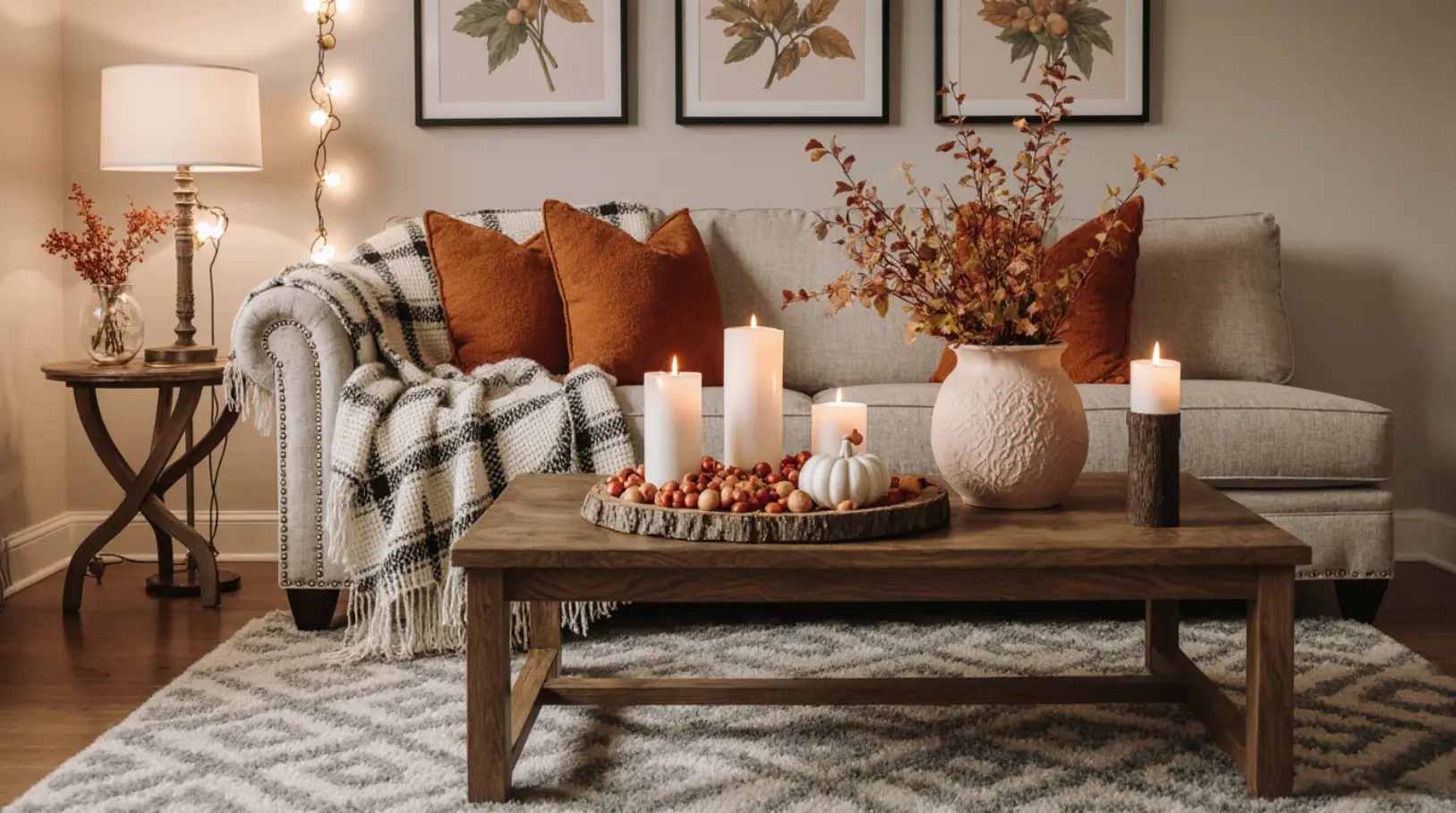 Autumn living room decoration ideas cozy vibe featuring pillows, blankets, and seasonal accents