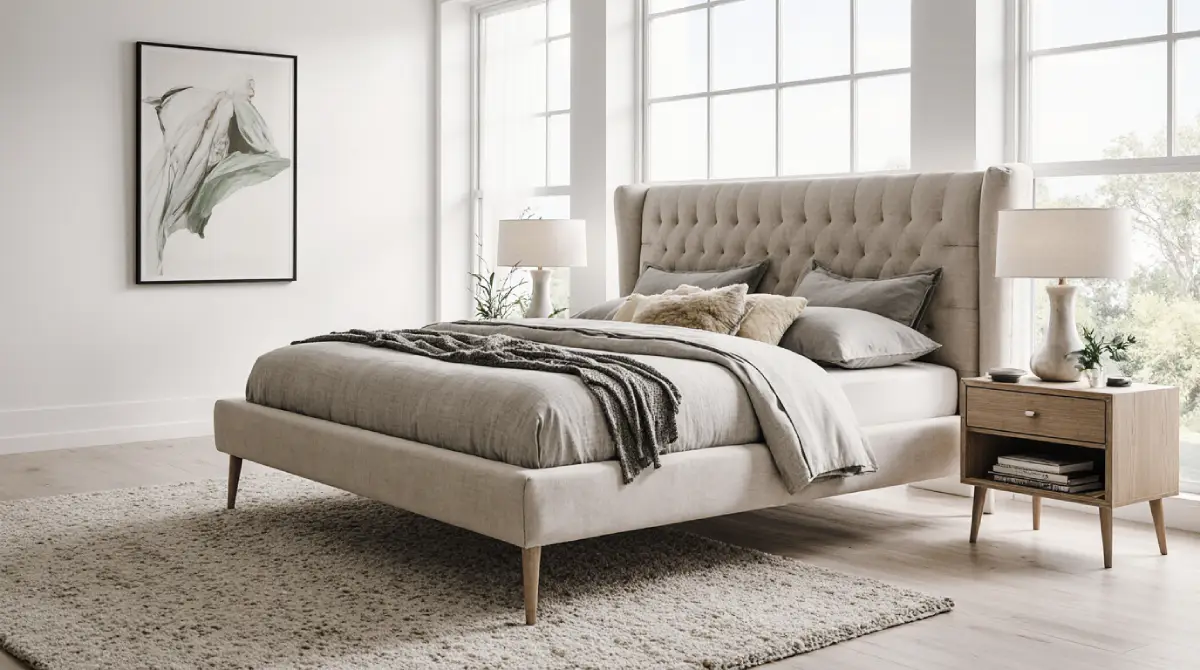 Minimalist bedroom featuring a modern upholstered bed frame with neutral bedding, layered pillows, nightstands, and soft natural lighting creating a serene, elegant atmosphere.