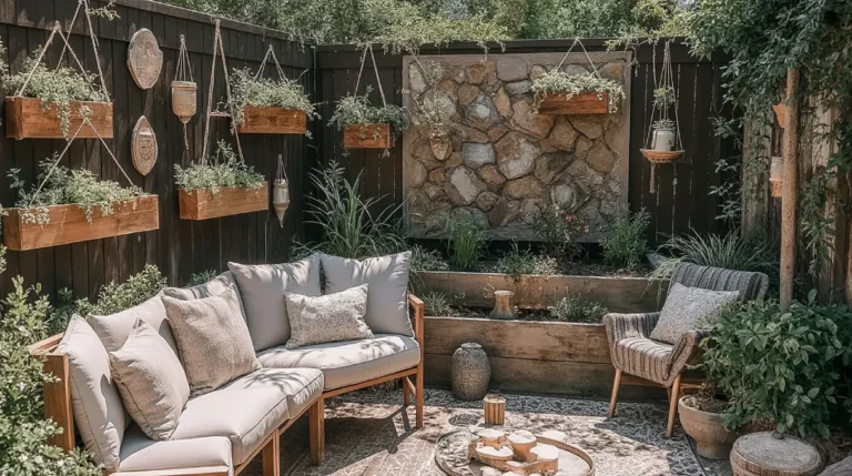DIY rustic garden décor ideas you can make yourself with wooden planters and hanging lanterns.
