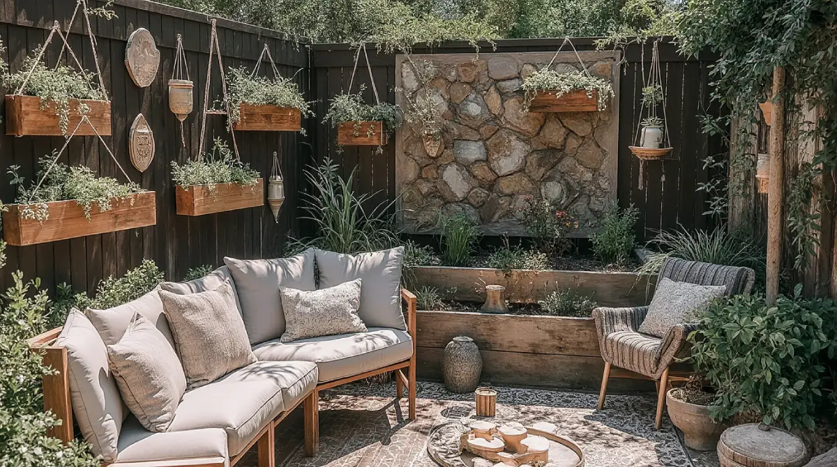 DIY rustic garden décor ideas you can make yourself with wooden planters and hanging lanterns.