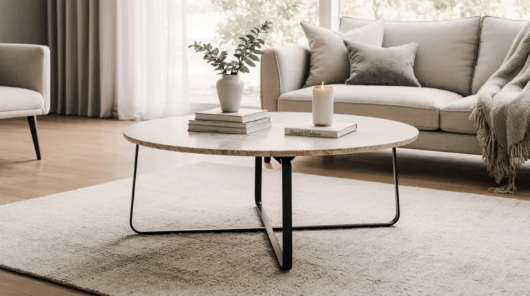Modern minimalist coffee table with marble top and metal legs styled in a bright living room with neutral sofa, decorative books, and greenery, captured in soft natural light.