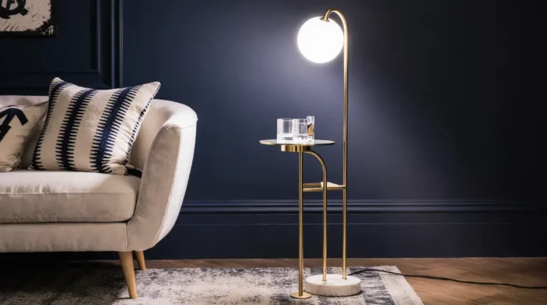 Globeal 60-inch Modern Arc Floor Lamp with gold metal frame, marble base, glass shade, and built-in shelf, perfect for living rooms, bedrooms, and modern home décor.