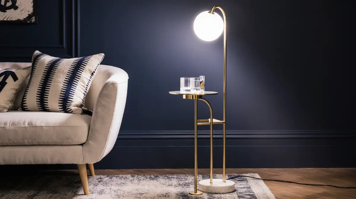 Globeal 60-inch Modern Arc Floor Lamp with gold metal frame, marble base, glass shade, and built-in shelf, perfect for living rooms, bedrooms, and modern home décor.