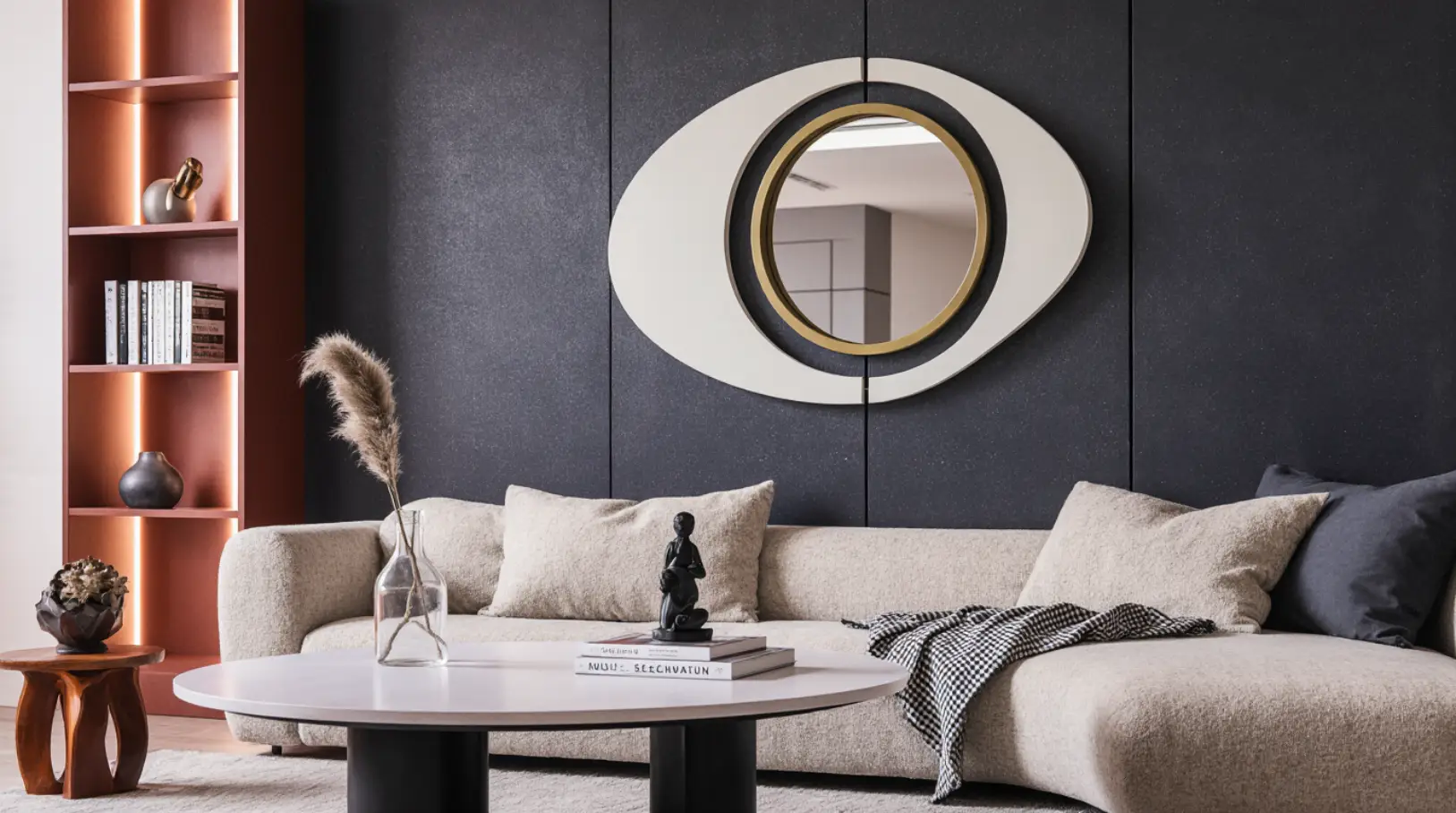 Modern 26x35 white and gold abstract geometric wall mirror with irregular iron frame for living room or bedroom décor.