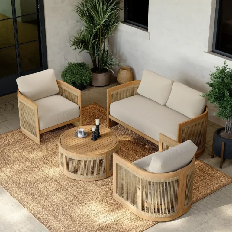 4-Piece Beige Teak Hand-Woven Rope Outdoor Sofa Set with durable teak frame and modern rope design for patio, balcony, or garden.