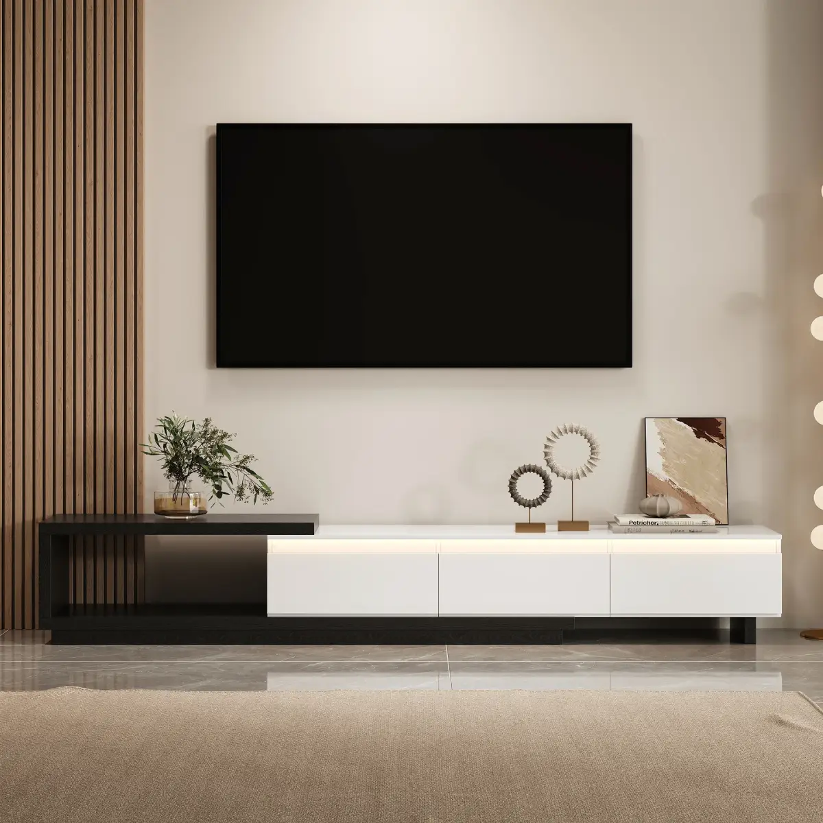 Quoint Extendable TV Stand with 3 Drawers and LED Light, adjustable 71-100 inches, modern minimalist design, fits TVs up to 80 inches, stylish storage for living rooms.