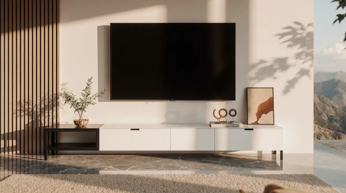 Quoint Extendable TV Stand with 3 Drawers & LED Light (71″-100″)