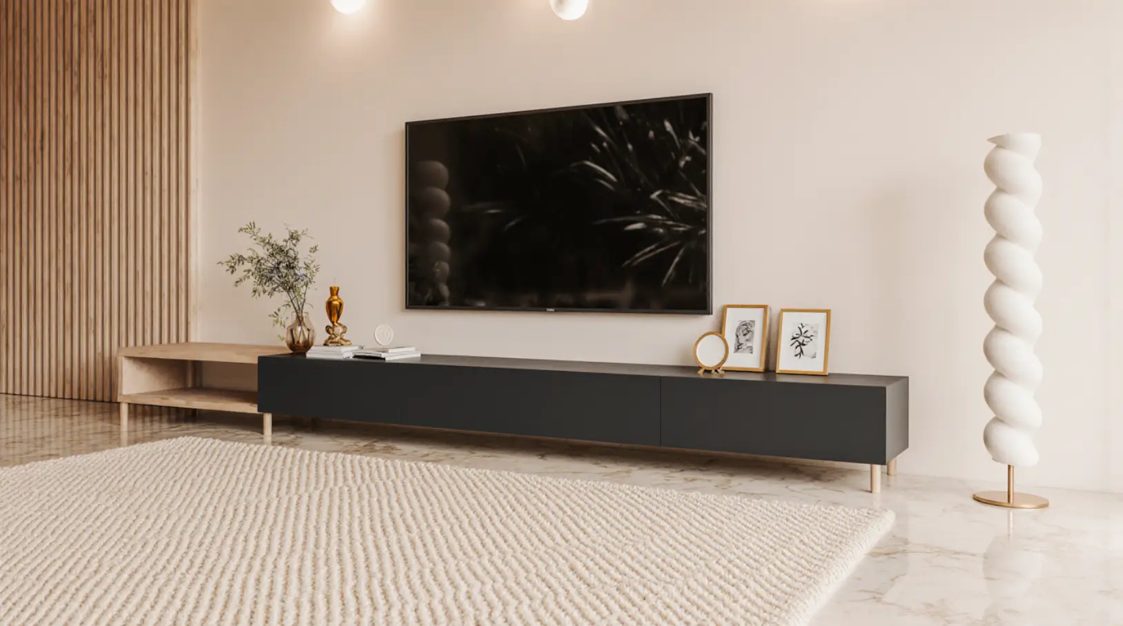 Modern Quoint extendable TV stand 71–100 inches with 3 drawers, adjustable design, and storage for large TVs up to 80 inches.