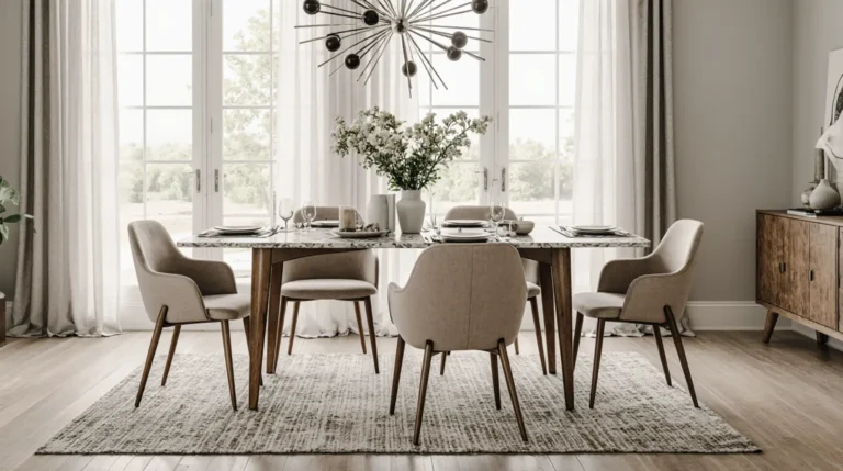 Contemporary dining room showcasing a stylish dining chair set with upholstered seats and wooden legs around a wooden dining table, accented with pendant lighting and neutral décor.