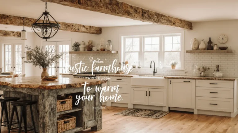 Rustic farmhouse kitchen charm with vintage rustic farmhouse kitchen decor accents, featuring wooden beams and antique accessories