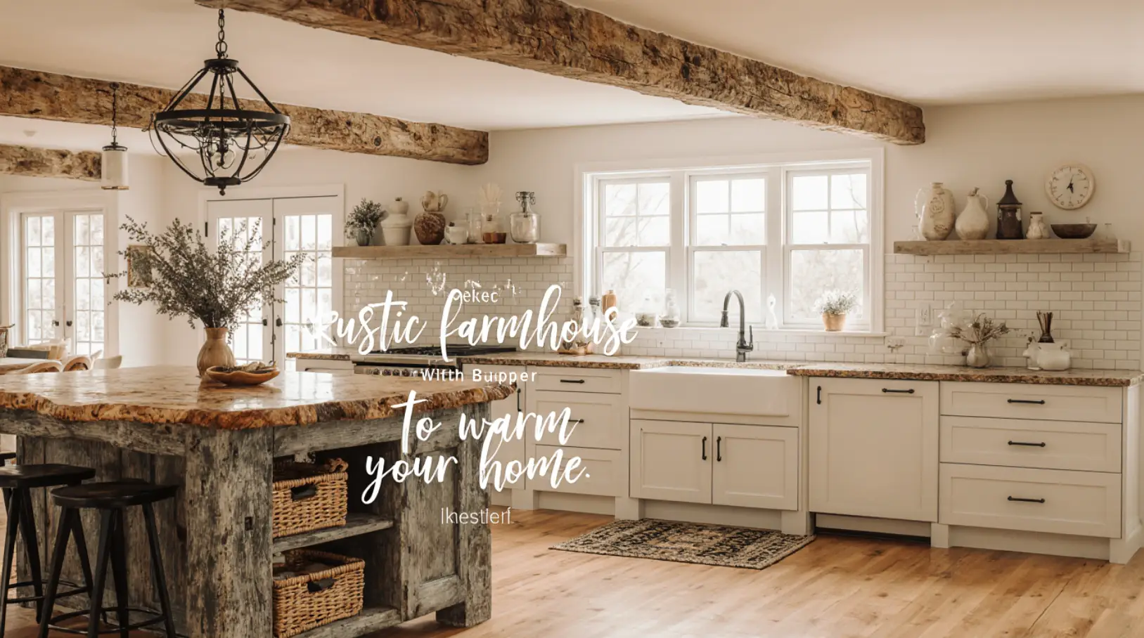 Rustic farmhouse kitchen charm with vintage rustic farmhouse kitchen decor accents, featuring wooden beams and antique accessories