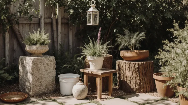 Small backyard rustic garden DIY ideas featuring wooden planters, vintage accents, and charming outdoor décor