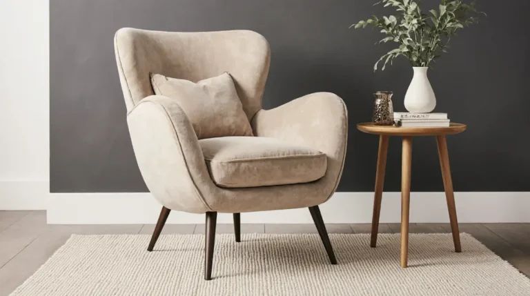 Modern beige velvet accent chair in a stylish living room with soft lighting and minimalist decor, featuring wooden legs and cozy contemporary design.
