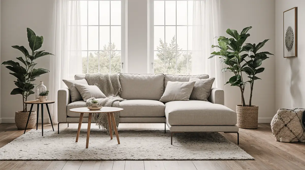 Modern living room featuring a sleek beige sofa with clean lines, styled with decorative pillows, a throw blanket, a minimalist coffee table, and natural light from large windows.