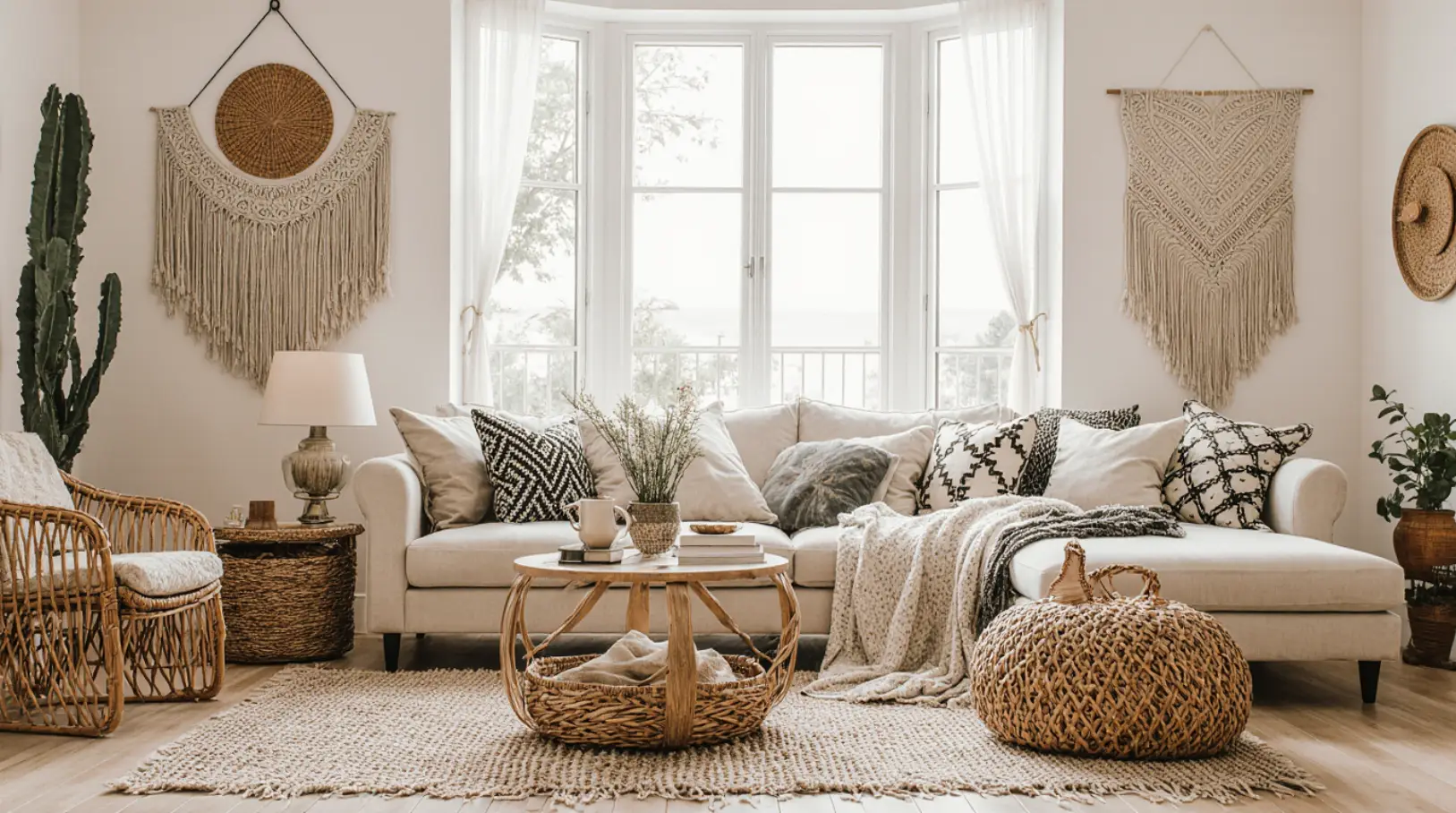 Boho chic home style tips showcased in a vibrant living room with layered rugs, colorful cushions, plants, and eclectic décor.