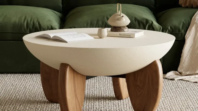 Curva round concrete walnut coffee table in modern living room