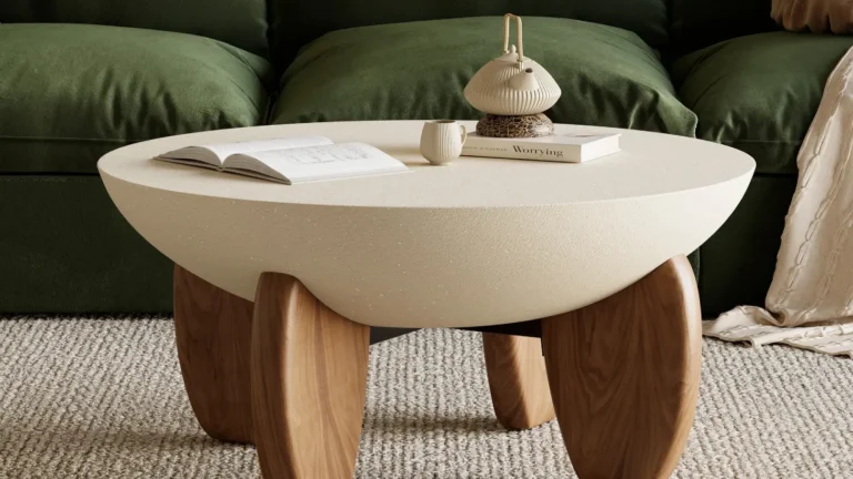 Curva round concrete coffee table with walnut wood legs, smooth desert sand finish, and modern minimalist design, shown in a stylish living room setting.