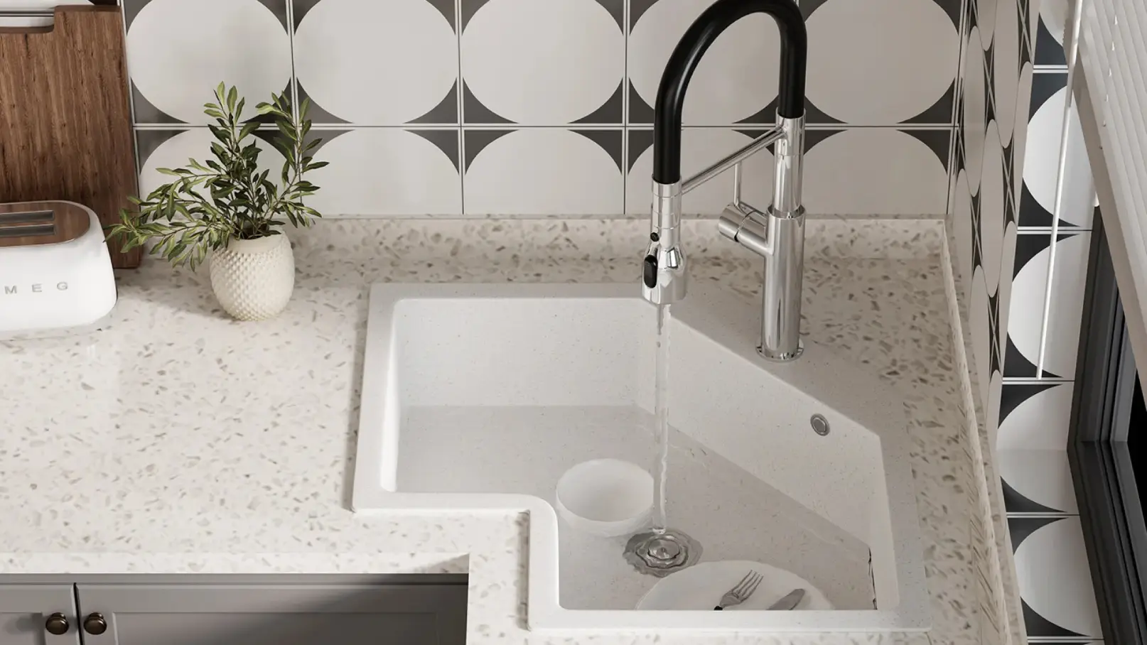 White 25-inch drop-in corner irregular quartz kitchen sink with a deep single bowl, modern clean lines, and space-saving design, shown installed in a contemporary kitchen.