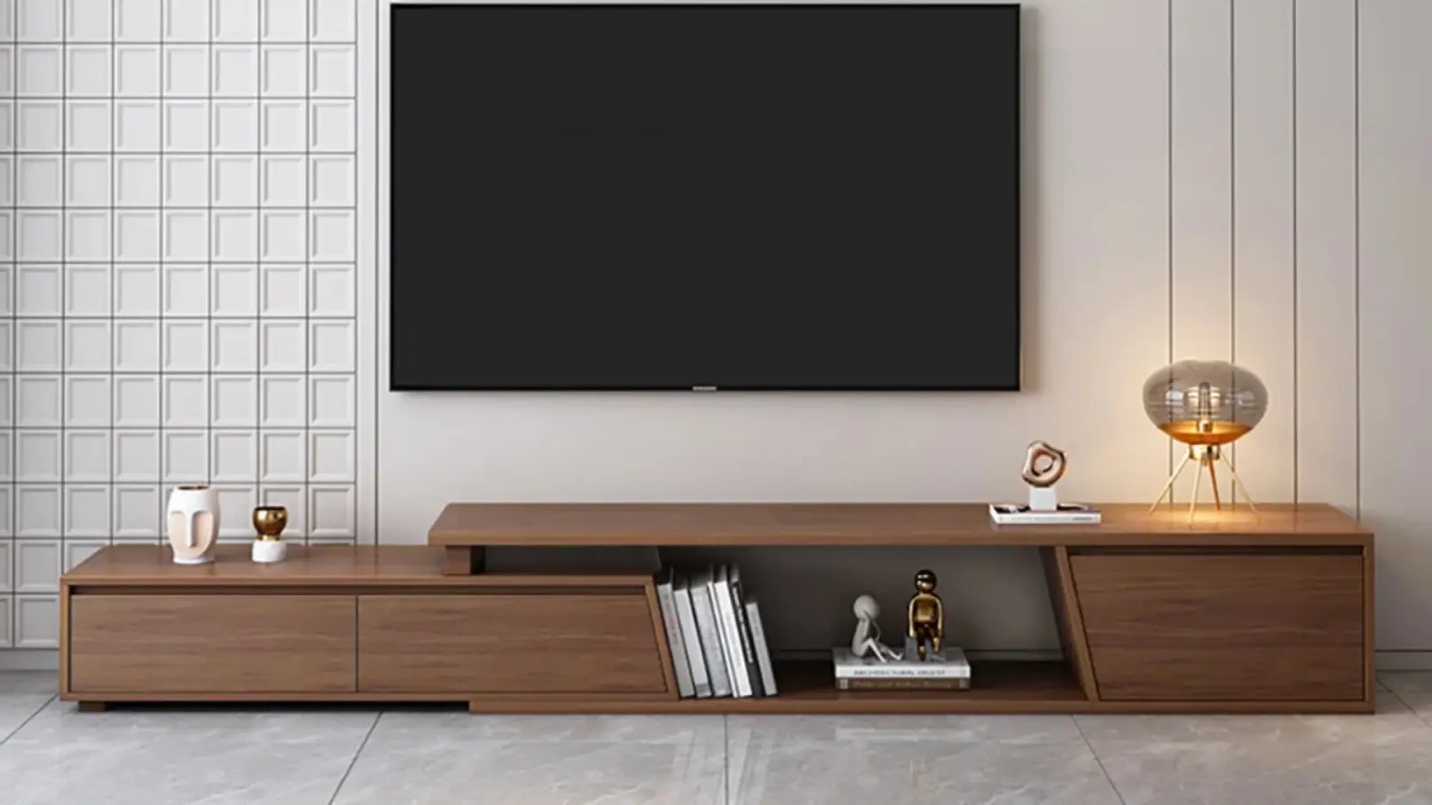 Fero Walnut Reversible Extendable TV Stand with three drawers, shown in a modern living room, featuring a walnut finish, extendable width (71"-120"), and sleek minimalist design.