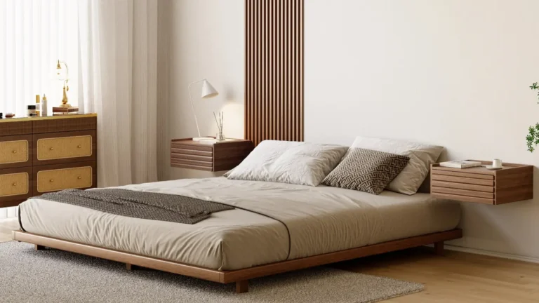 Japanese Style Walnut Queen Floor Bed with a low-profile minimalist design, crafted from natural walnut wood, creating a calm, Zen-inspired bedroom aesthetic.