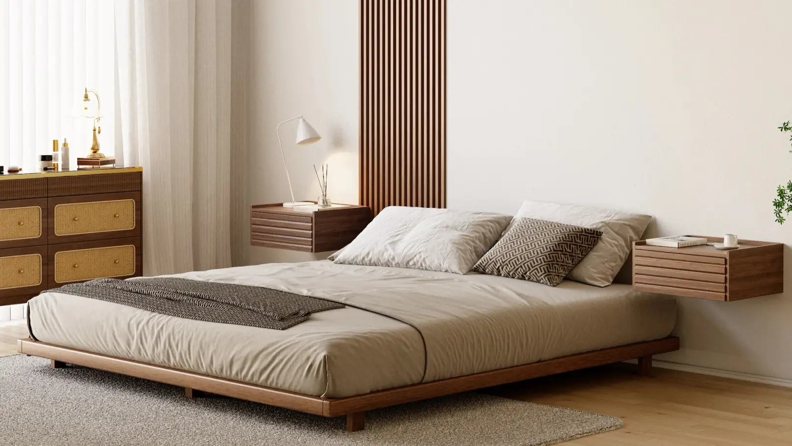 Japanese Style Walnut Queen Floor Bed with a low-profile minimalist design, crafted from natural walnut wood, creating a calm, Zen-inspired bedroom aesthetic.
