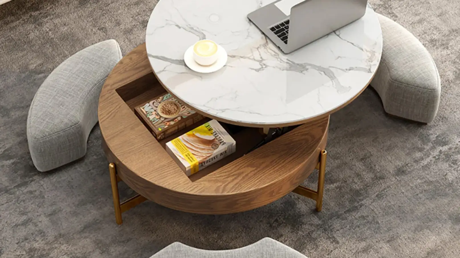 Modern Round Lift-Top Coffee Table Set with storage and three matching ottomans in white and walnut, perfect for small spaces and modern living rooms.