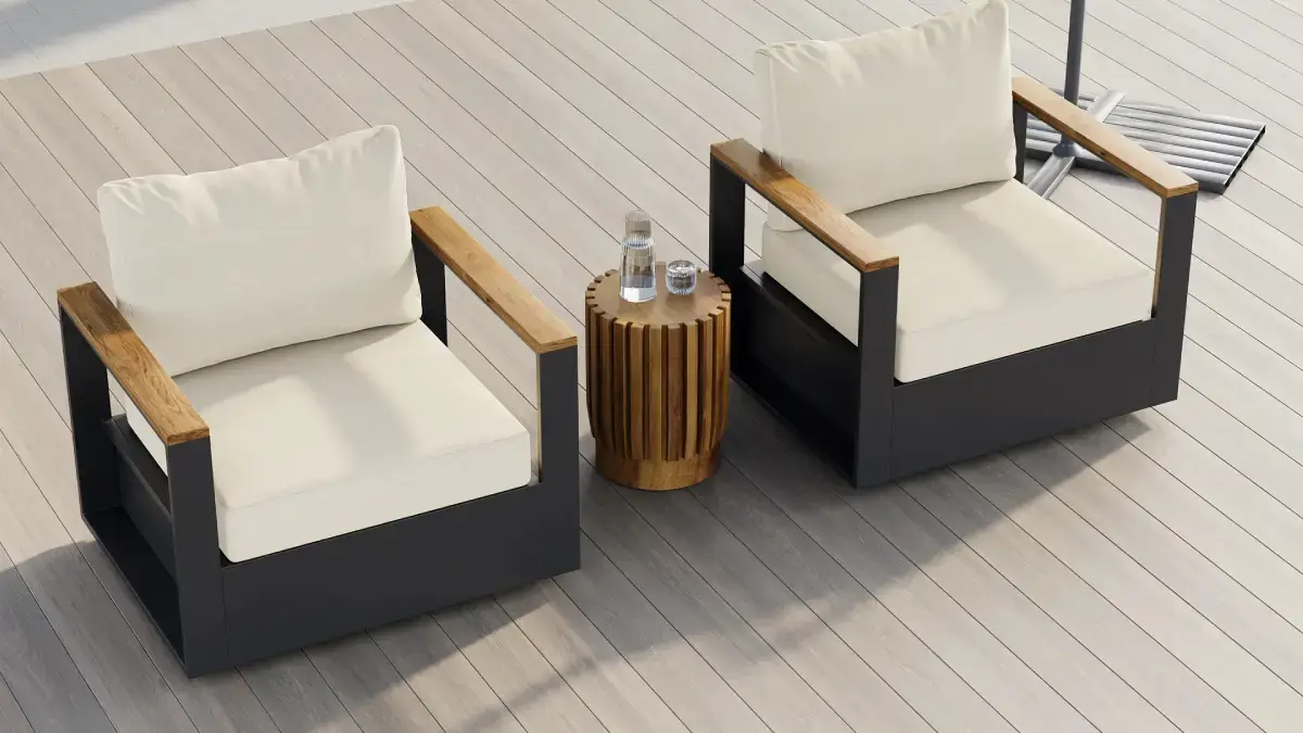 Outdoor Beige Wood & Aluminum Swivel Chair Set