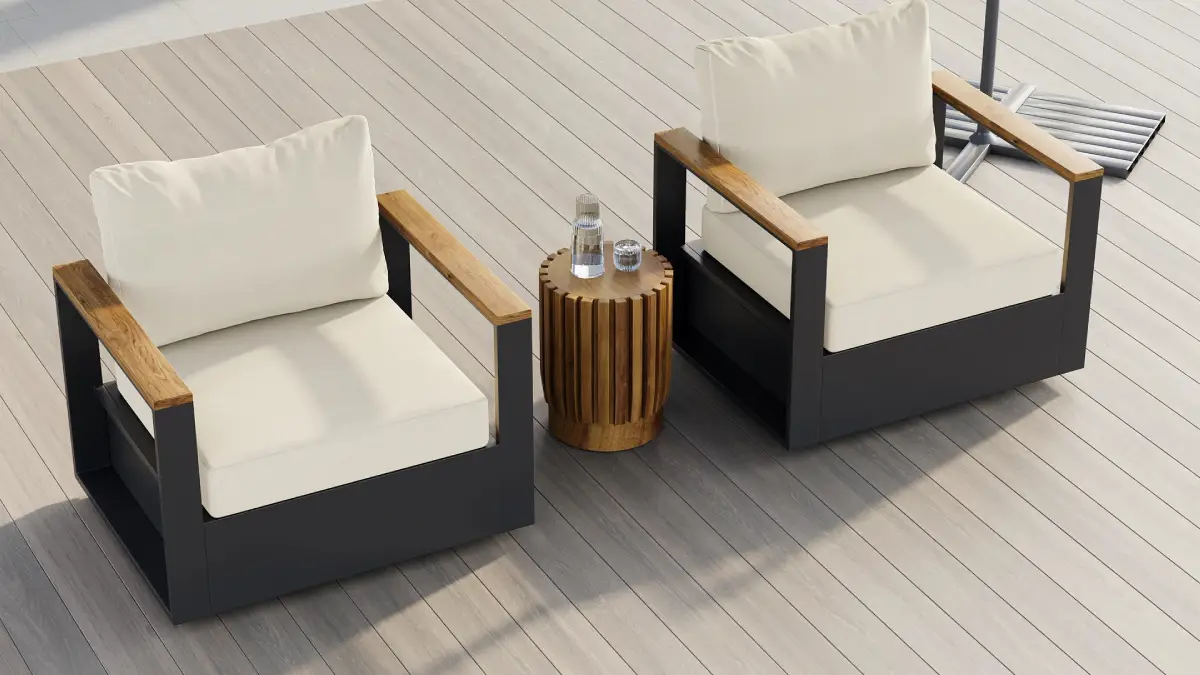 Outdoor beige wood and aluminum swivel chair set of two with plush beige cushions, featuring a modern design and 360-degree swivel base.