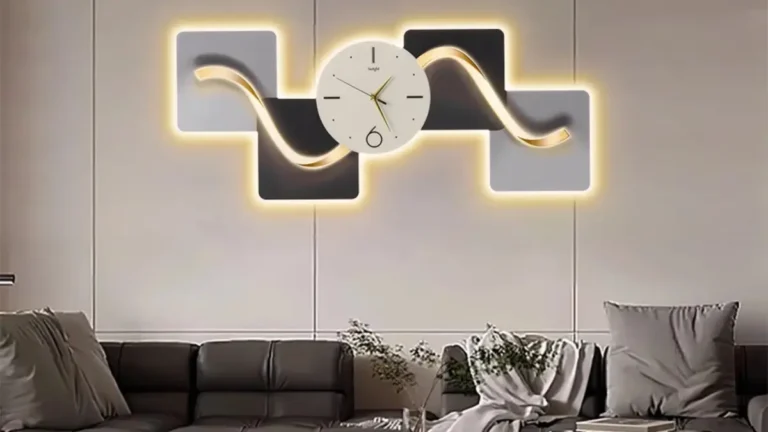 Horizontal Silent Wall Clock with modern abstract geometric design for contemporary living room décor.
