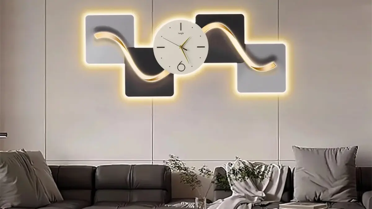 Horizontal Silent Wall Clock with modern abstract geometric design for contemporary living room décor.