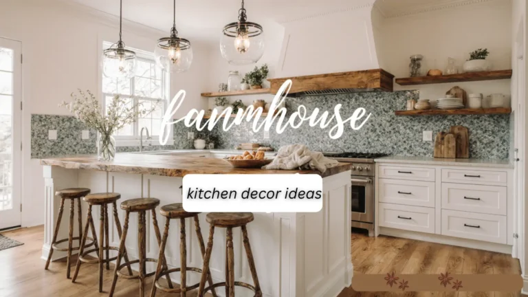 Farmhouse kitchen decor ideas featuring rustic charm with natural wood cabinets, open shelving, and modern farmhouse accents