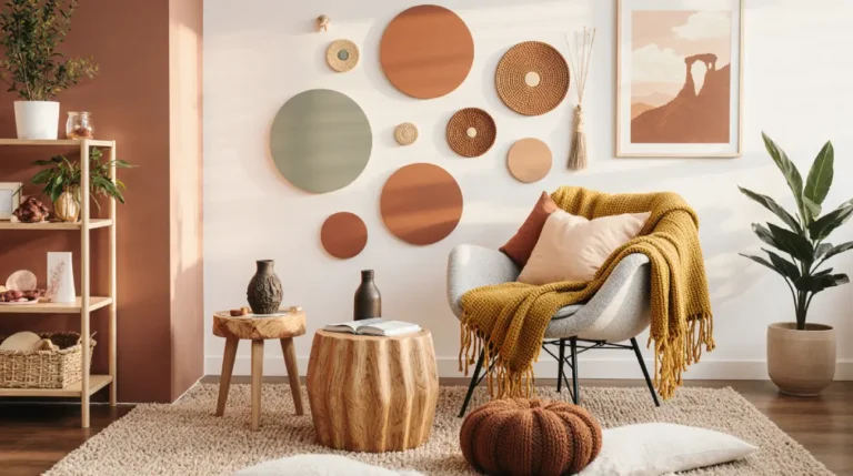 Boho earth tone color scheme interior with layered rugs and wooden accents