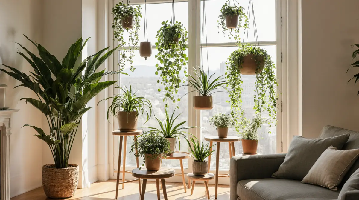 Creative indoor plant display ideas with hanging planters and shelves
