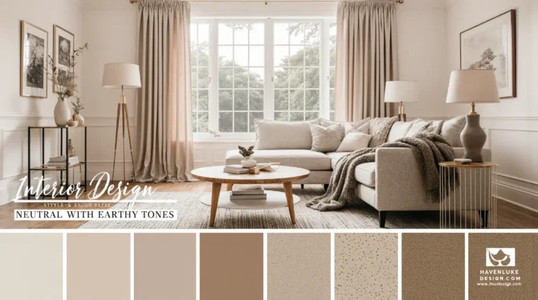 Warm earthy tones interior design with neutral walls, natural wood furniture, and cozy textures