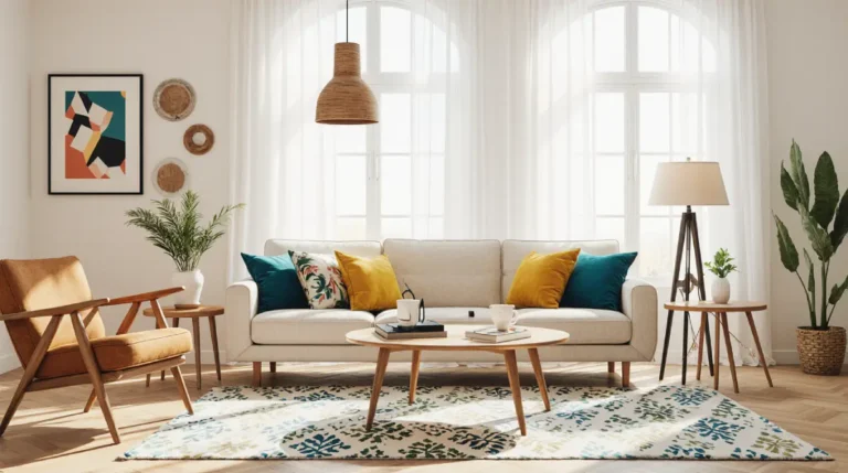 Living room showcasing beginner mid-century modern decorating tips with sleek wooden furniture, bold accent colors, and retro lighting.