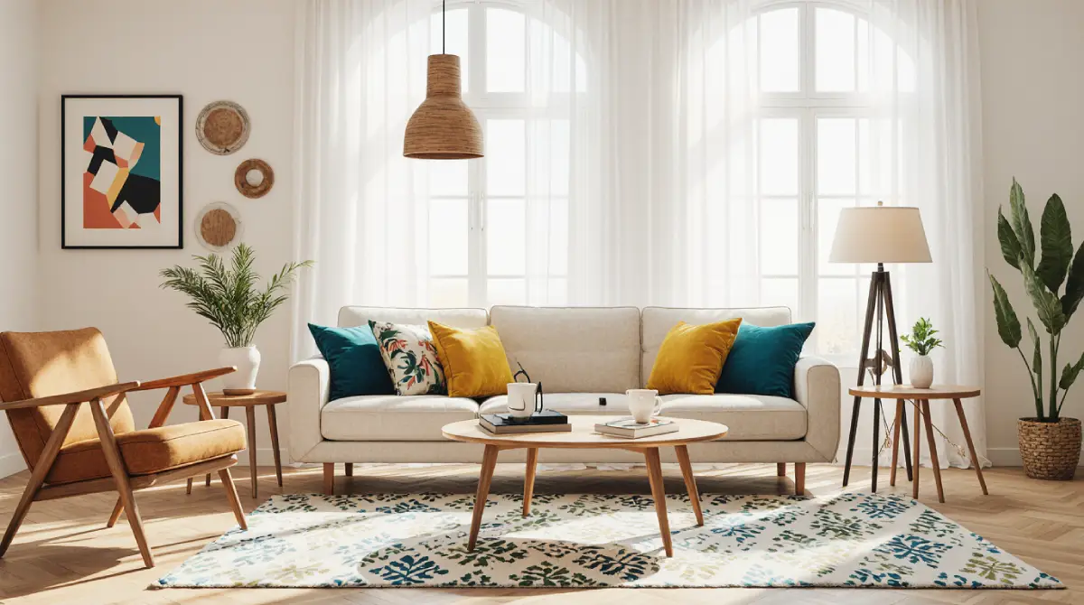 Living room showcasing beginner mid-century modern decorating tips with sleek wooden furniture, bold accent colors, and retro lighting.
