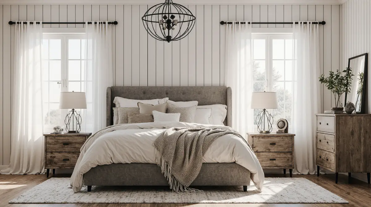 Modern farmhouse bedroom ideas with neutral bedding and wooden accents
