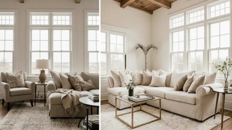 Neutral farmhouse colors in a rustic living room with warm beige walls and reclaimed wood beams