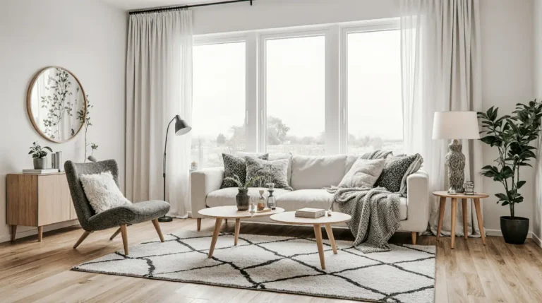 Scandi style home decor in a bright, minimalist living room with neutral tone