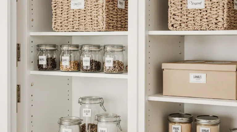Organized pantry showcasing the best pantry storage solutions on a budget with labeled jars, baskets, and stackable containers.