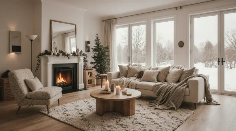 Cozy winter home decor ideas with layered blankets and warm lighting